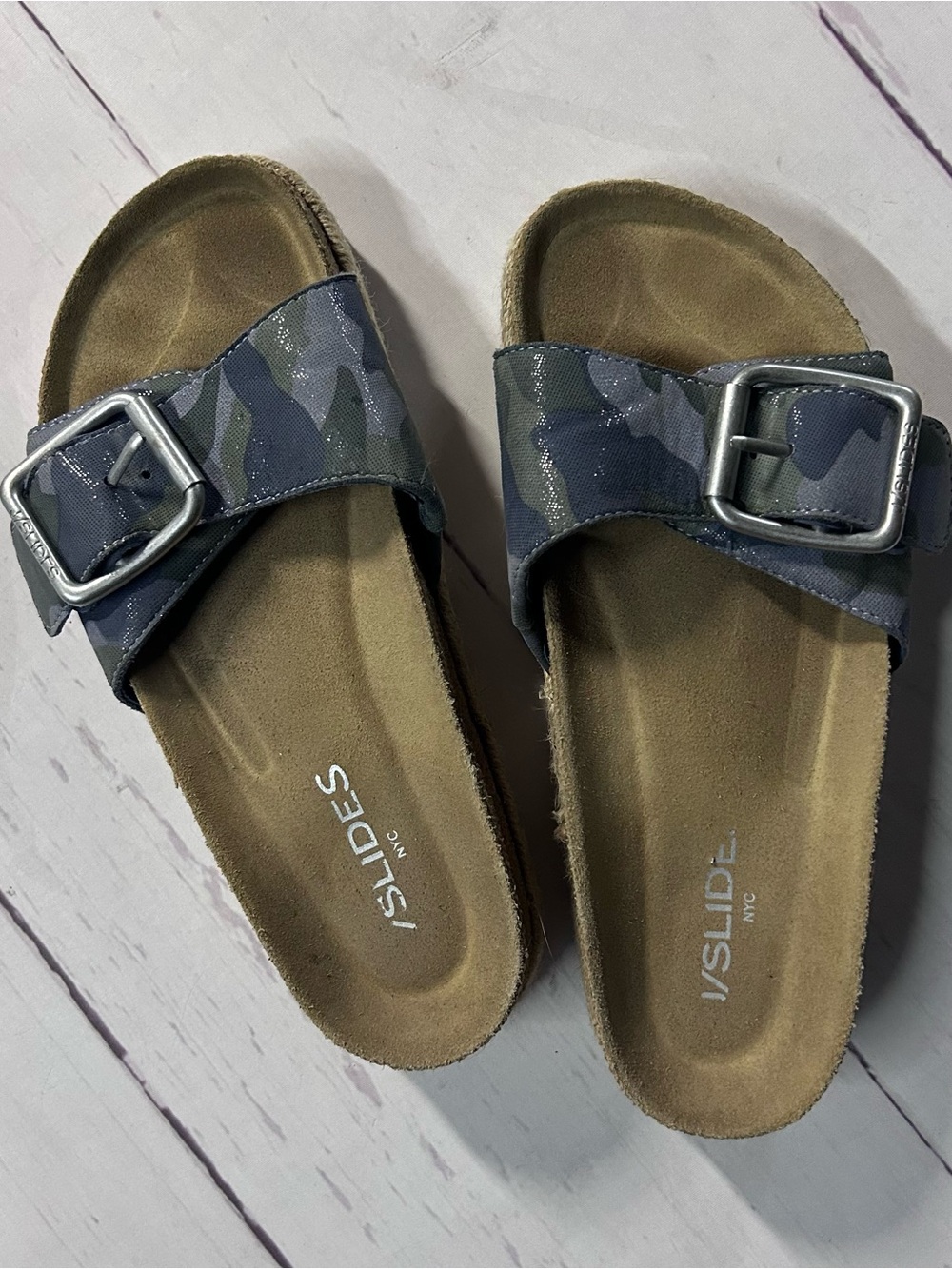 J Slides Camouflage Single Strap Platform Sandals in Blue